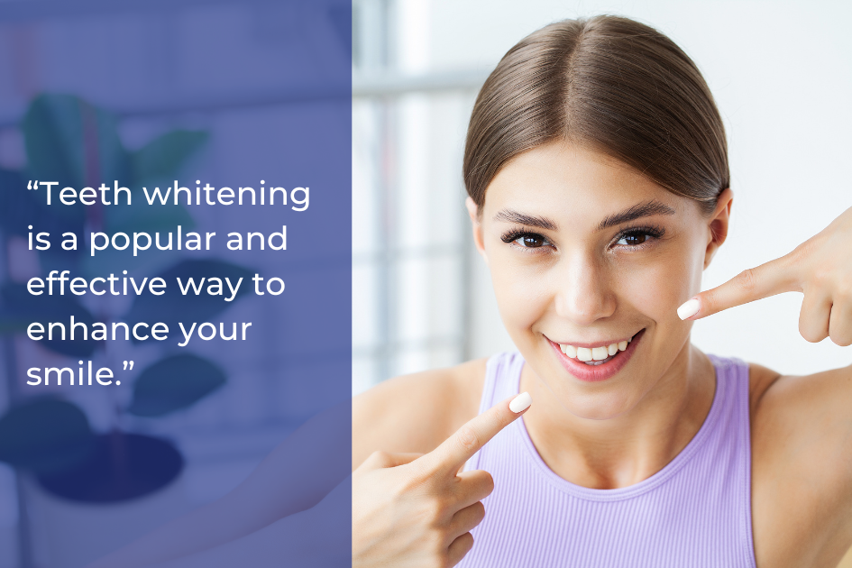 A young woman in a lavender tank top points to her teeth and smiles, showcasing a bright smile next to text about the popularity and effectiveness of teeth whitening.