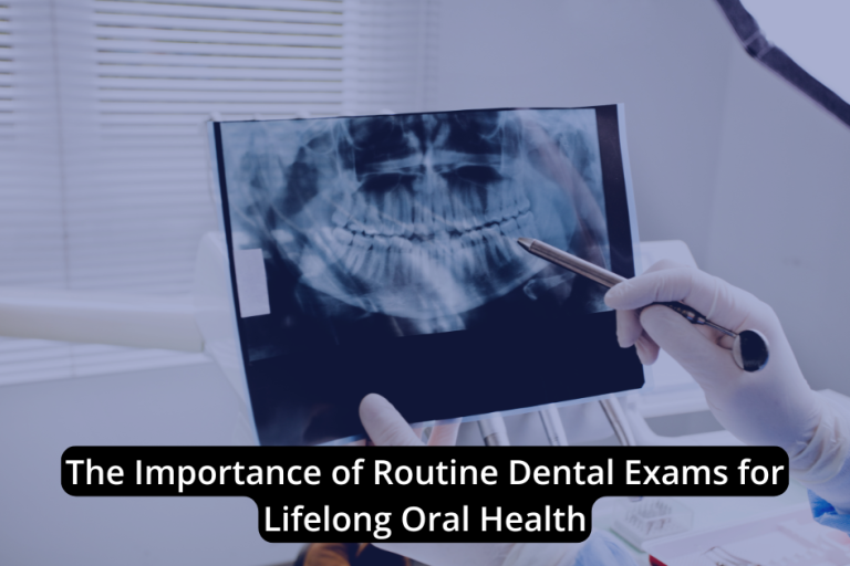 A dentist points at a dental X-ray image, emphasizing how routine dental exams play a vital role in maintaining lifelong oral health.