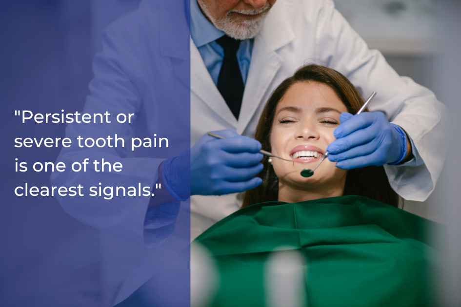 A dentist examines a smiling patient’s teeth while holding dental tools; an informational quote about root canal warning signs appears on the left side of the image.