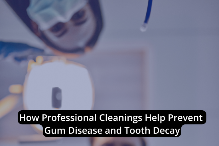 A dentist wearing a mask prepares for a dental procedure, with text overlay: "How professional cleanings help prevent gum disease and tooth decay.”.