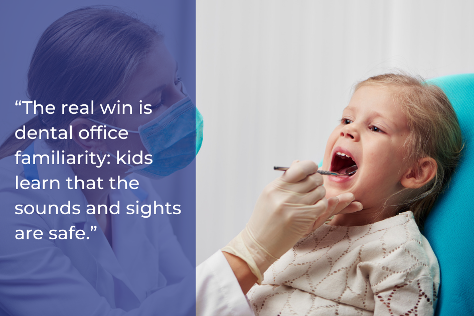 A dentist examines a young girl’s teeth while she sits in a dental chair; a quote about children’s dental health and office familiarity is overlaid on the image.