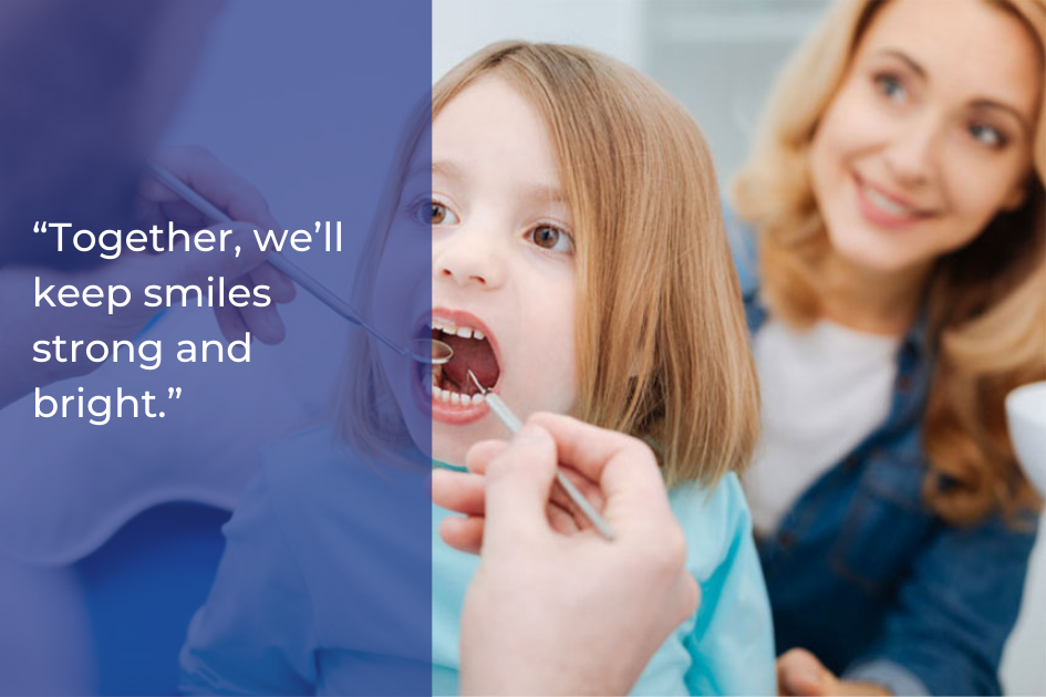 A young girl has her teeth examined by a dentist while an adult woman, possibly her mother, smiles beside her. A quote about children’s dental health appears on a blue overlay.